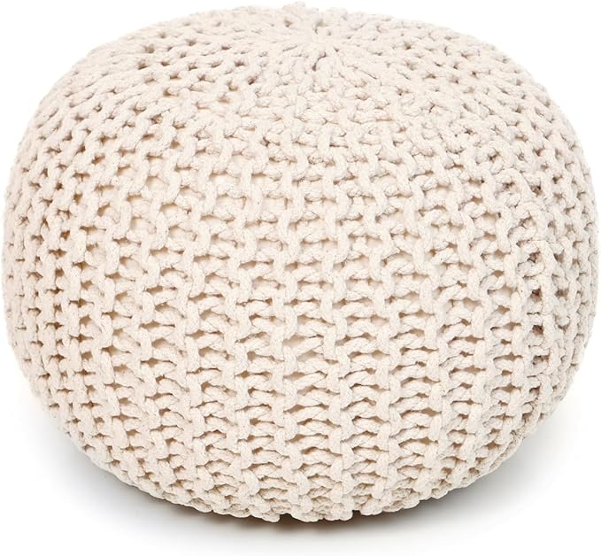 REDEARTH Round Pouf Ottoman - Cable Knitted Boho Poof - Home Décor Cord Pouffe Handmade Circular Footrest for Living Room - Bedroom - Kids Bedroom - 100% Cotton Pouf (19.5"x19.5"x14") - Natural - Bloomnest