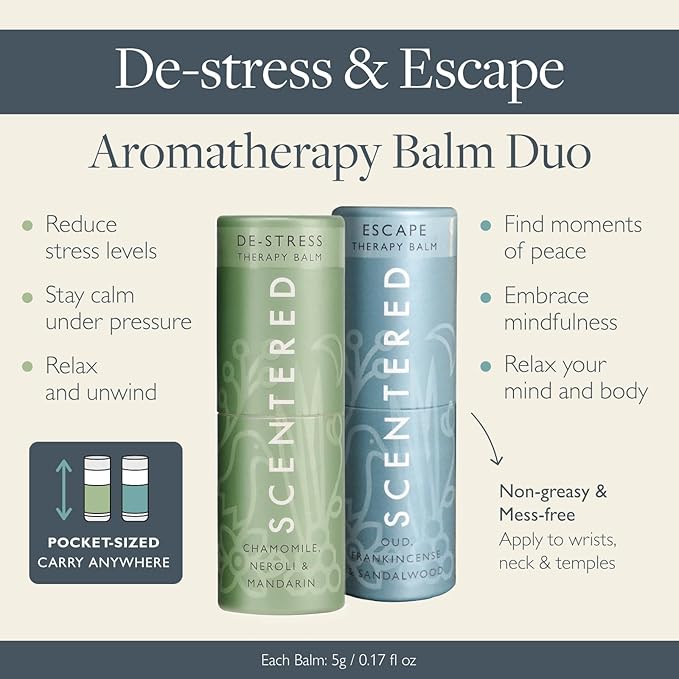 Scentered Aromatherapy Balm Stick Duo for Stress-Relief & Meditation - Roll On Essential Oil Blends of Frankincense, Oud, Chamomile - Aromatherapy Gifts for Women - De-Stress & Escape - Bloomnest