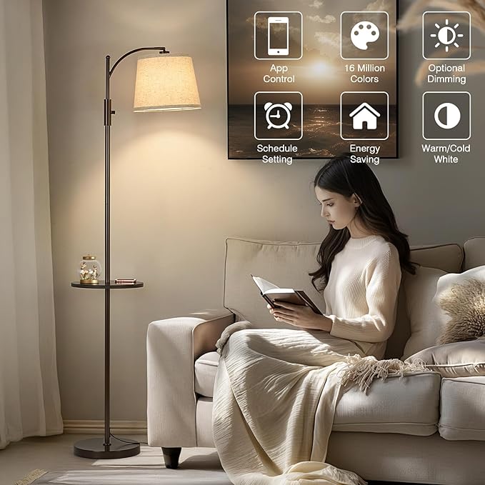 AIDENOEY Smart Floor Lamp with Side Table | Stepless Dimming, RGB Multi-Color | Adjustable Swivel Head | Voice Control with Alexa & Google Assistant |Brown Lamp for Living Room,Bedroom,Home Office - Bloomnest