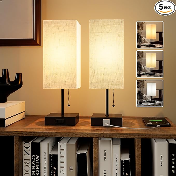 Table Lamp for Bedroom,Nightstand Lamp for Bedside with AC Outlets,Adjustable 3color LED Light Desk Lamp for Home Decor,Included Bulb and Lamp Shade (Linen White-onlyAC, 2PCS) - Bloomnest
