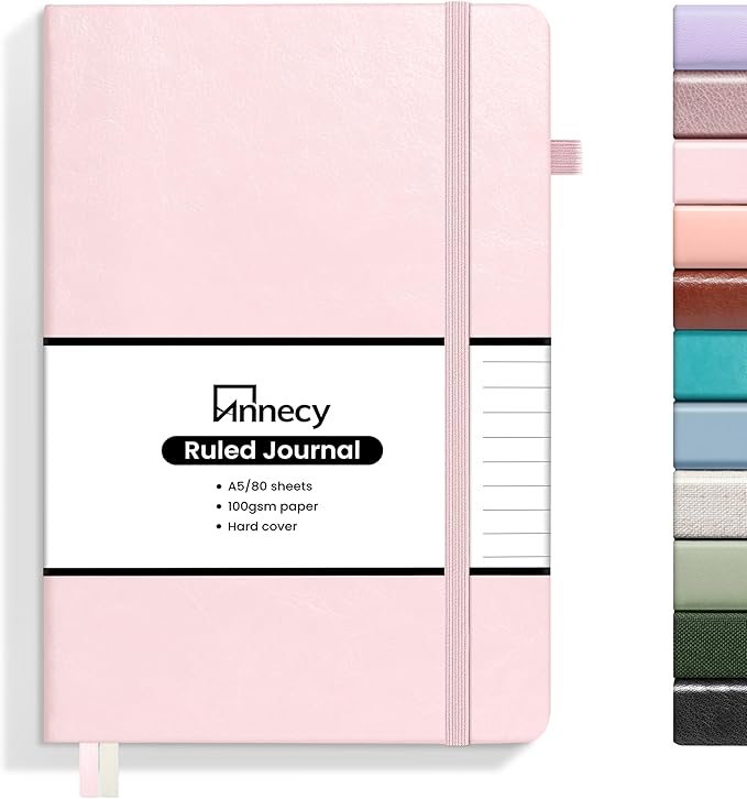 Annecy Lined Journal Notebook, Hardcover Leather Journal for Women & Men, 160 Numbered Pages, Medium 5.5" x 8.25", 100 GSM Thick Paper, Pink - Bloomnest