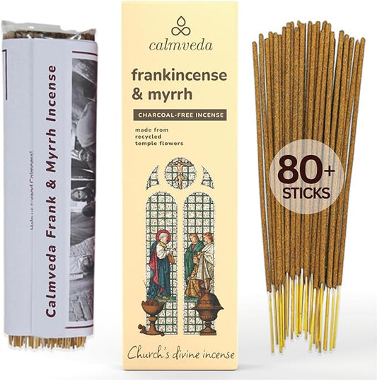 Church Frankincense and Myrrh Incense - (80 Sticks) Charcoal Free Incense, Made from upcycled Flowers | Used as Spiritual Healing Incense in Church (Handmade Olibanum Incense)
