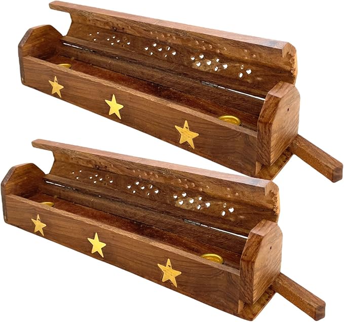 2 Pack Wooden Coffin Incense Sticks Burner - 12 Inches Brass Inlays - Storage Compartment (Large Star) - Bloomnest
