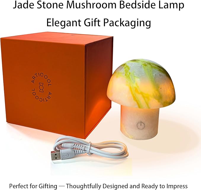 Arctic Green Gemstone Mushroom Lamp - Natural Luxury Stone Night Light with LED, Touch Control 3 Brightness, USB Rechargeable Bedside Decor Gift - Bloomnest