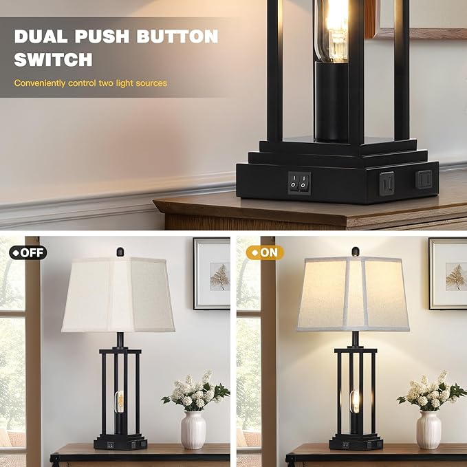 27" Tall Farmhouse Table Lamps with Bell Lampshade, Black Industrial Living Room Lamps Set of 2 with Night Light, Rustic Bedside Lamp with USB C+A Port & AC Outlet, Vintage Bedroom Lamp for Nightstand - Bloomnest