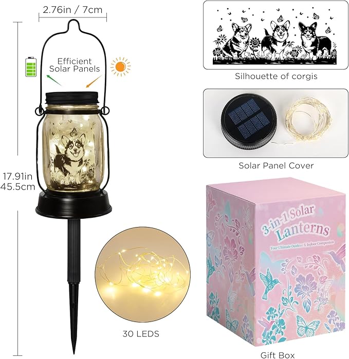 Corgi Gifts for Women/Men Corgi Solar Lanterns Dog Mom Birthday Dog Lovers Lantern Pet Loss Pet Memorial Lights Solar Garden Decoration for Yard, Patio,Backyard,Porch Torches - Bloomnest