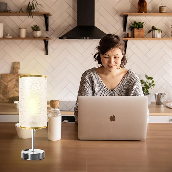 Table Lamp for Bedroom with Touch Control,Bedside Lamp with USB C+A Charging Ports& AC Outlets, Adjustable 3color LED Light for Home Decor/Nightstand/Bedroom/Office,Included Bulb and Fabric Lamp Shade - Bloomnest