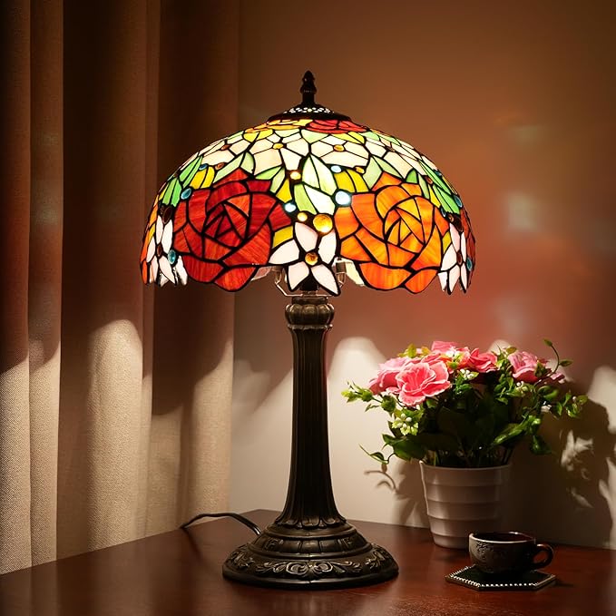 Tiffany Lamp Bedside Table Lamp-Nightstand,Stained Glass Lamp for Bedroom Dorm Living Kitchen, Aesthetic Cute Home Decor Gift (Rose Flower) - Bloomnest