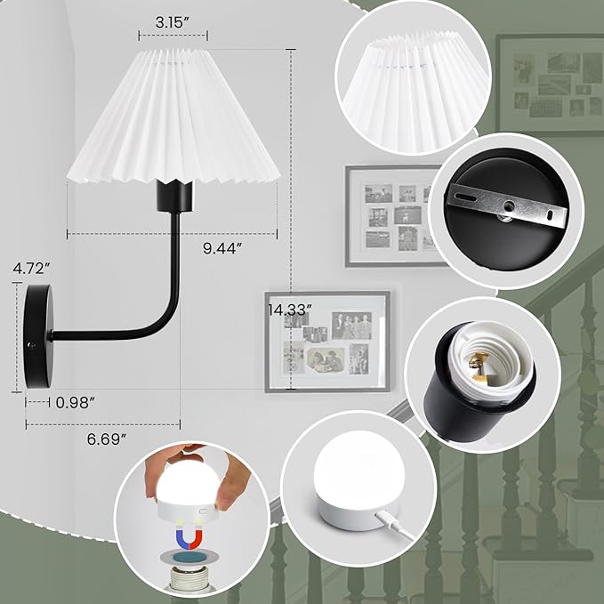 Rechargeable Battery Operated Wall Sconces Sets of 2, 15 Colors Wireless Wall Sconce, Black Wall Lights Fixture with Dimmable Bulbs and Remote, Not Hardwired Wall Mounted Lamps for Bedroom Living Room - Bloomnest