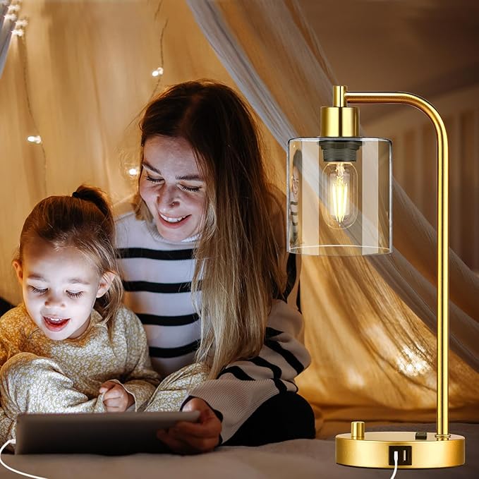 Set of 2 Industrial Table Lamps with USB Port, Gold Fully Stepless Dimmable Bedside Lamps for bedrooms, Nightstand Desk Lamp with Clear Glass Shade for Reading Living Room Office 2 LED Bulb - Bloomnest