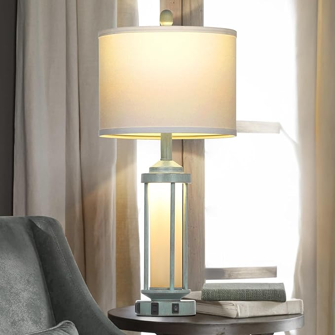 Farmhouse Table Lamps for Living Room, 27" Vintage Rustic Beside Lamp Set of 2 with USB A+C Charging Ports & AC Outlet, Retro Nightstand Lamp with Fabric Shade for Bedroom Entryway(4 Bulbs Included) - Bloomnest