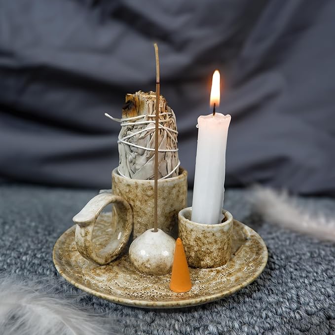 5.1Inch 5-in-1 Ceramic Smudge Bowl Brown - Incense Stick Holder, Small Candle Holder, Smudge Bowl/Dish, Fits Palo Santo, Sage.Zen Altar for Meditation/Yoga, Aromatic Scents, Easy to Clean - Bloomnest