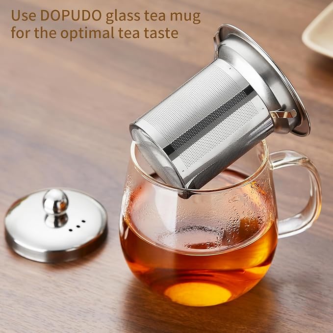 Glass Tea Cup with Infuser and Lid, 14.5oz/450ml Large Borosilicate Glass Teacup with Stailess Steel Filter, Clear Mug for Loose Leaf Blooming Tea, Dishwasher Safe - Tea Maker Gift - Bloomnest
