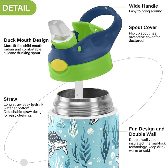 Turtle Water Bottle with Straw Lid Kids Blue Ocean Insulated Tumbler with Handle Stainless Steel Reusable Toddlers Cup for Kids Boys 12 oz - Bloomnest