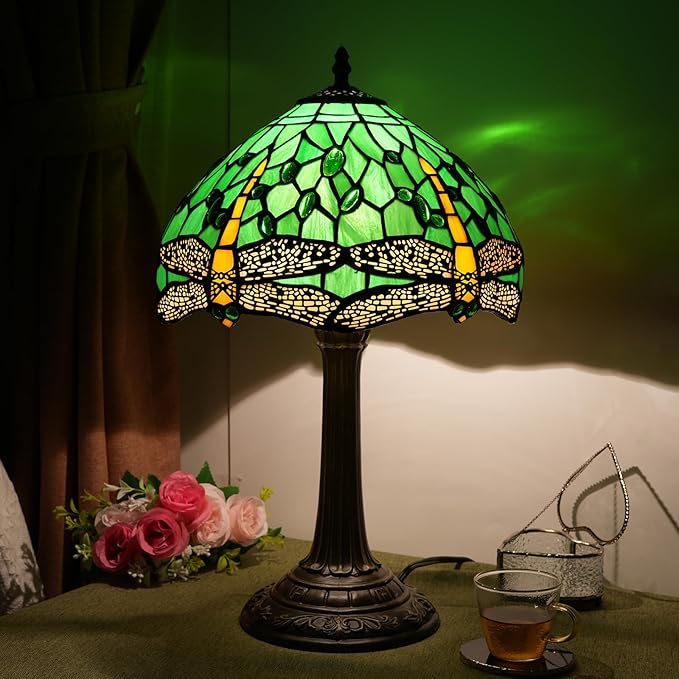 Tiffany Lamp Green Dragonfly Stained Glass Table Lamp 12X12X18 Inches Green Dragonfly Style Desk Reading Light Decor Beside Bedroom Living Room Home - Bloomnest