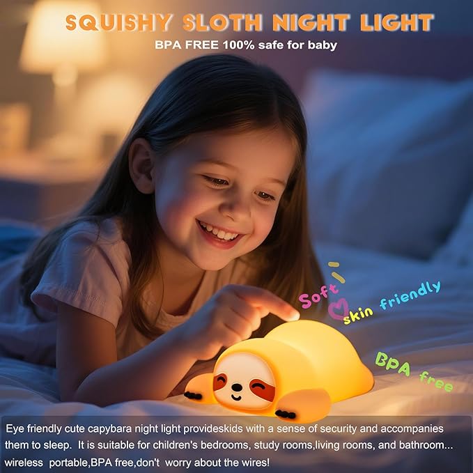 DREAMING MY DREAM Night Light for Kids,Squishy Sloth Night Light,LED Novelty Animal Nightlight,3 Levels Dimmable,30Min Timer Nursery Lamp for Kids, Bedroom Baby Boys Girls Gifts - Bloomnest