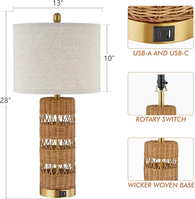 Boho Rattan Stylish & Functional & Versatile Decor USB Table Lamps Set of 2-28" Farmhouse Bedside Lights,Bulbs Included - Bloomnest