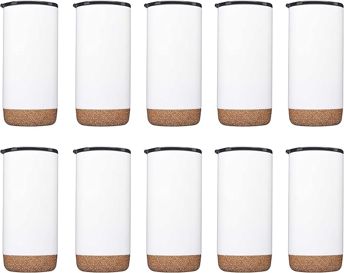 DISCOUNT PROMOS Travel Tumblers with Cork Bottom 16 oz. Set of 10, Bulk Pack - Double Wall Insulated, Matte Finish, Perfect for Iced Coffee, Soda, Other Beverages - White - Bloomnest