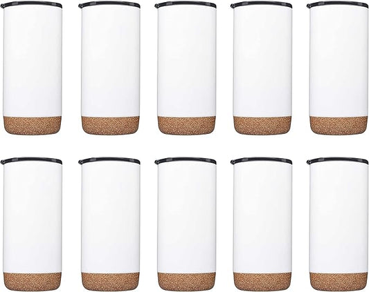 DISCOUNT PROMOS Travel Tumblers with Cork Bottom 16 oz. Set of 10, Bulk Pack - Double Wall Insulated, Matte Finish, Perfect for Iced Coffee, Soda, Other Beverages - White - Bloomnest