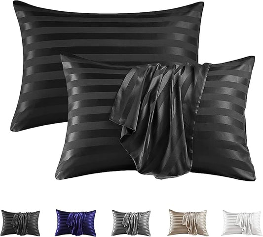MR&HM Satin Pillowcase for Hair and Skin, Silk Satin Pillowcase 2 Pack, Queen Size Pillow Cases Set of 2, Silky Pillow Cover with Envelope Closure (20x30, Black Striped) - Bloomnest