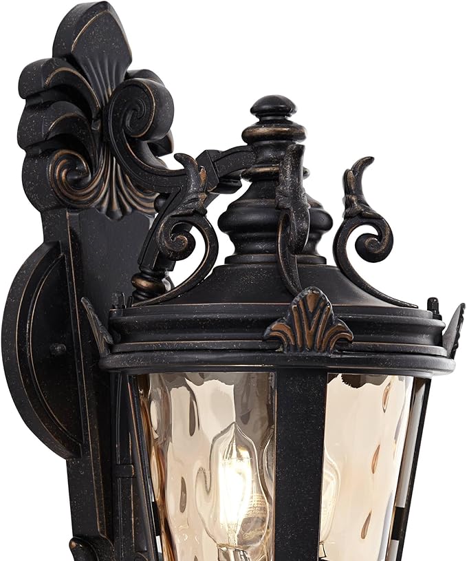 John Timberland Casa Marseille European Outdoor Wall Light Fixture Bronze Scroll 21 3/4" Champagne Hammered Glass for Exterior House Porch Patio Outside Deck Garage Front Door Garden Home - Bloomnest