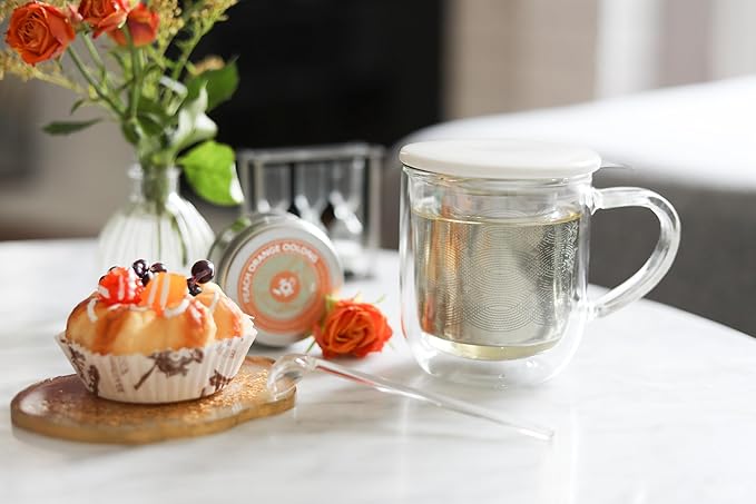 Teabloom Tea-For-One Steeping Mug – Insulated Double Wall Glass Mug (12 oz), Stainless Steel Infuser, Porcelain Lid/Coaster – Great For Brewing Loose Leaf Tea - Bloomnest