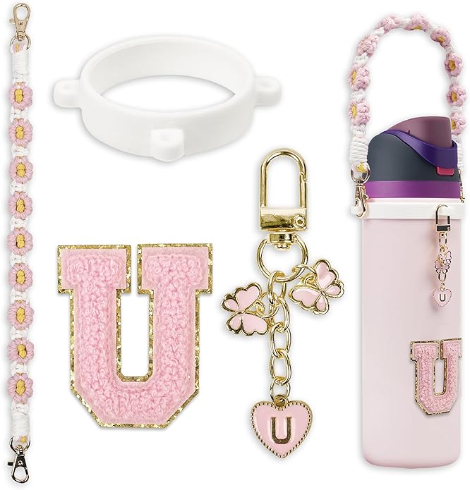 Compatible with Owala Water Bottle Accessories, Cute Letter Charm Set with Boho Handle Strap, Monogram Sticker, Silicone Ring, Keychain Decoration, for FreeSip 24 32 40oz, Owala Kids, Tumbler Gift SITKOL
