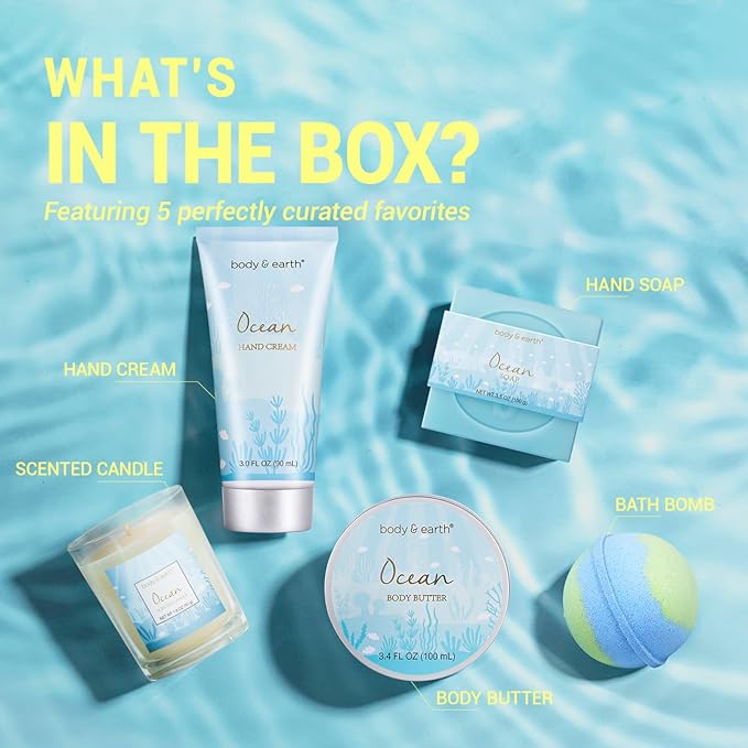 Gifts for Women, Bath and Body Womens Gift Sets with 5 Pcs Ocean Scented Spa Gifts for Women Bath Gift with Scented Candle Body Butter Hand Cream Bath Bomb Valentine‘s Day Gifts - Bloomnest