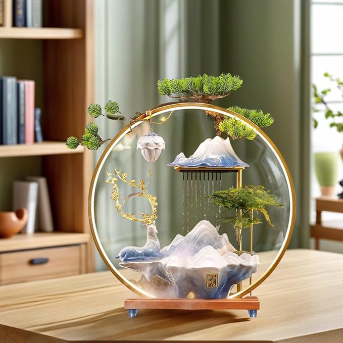 Desk Waterfall Fountain Indoor Ceramic Deer Sculpture,Tabletop Mini Water Fountain with Mist，Adjustable LED Light Ring and Backflow Incense Burner Holder(PQLU001) - Bloomnest