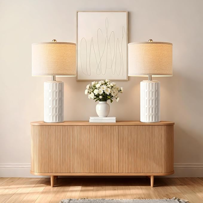 PARTPHONER 23" Farmhouse Modern Ceramic Table Lamp Set of 2 - White Bedside Lamps for Bedroom & Living Room, Nightstand, Desk, End Table - Bloomnest