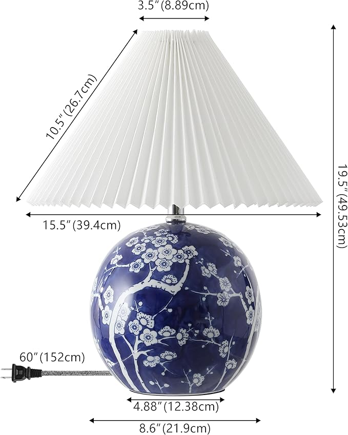 JONATHAN Y JYL5056C Shishen 19.5" Cottage Classic Chinoiserie Ceramic Orb LED Table Lamp with Pleated Shade, Navy/White for Bedroom, Living Room, Kitchen, Home Office, Kids Room - Bloomnest