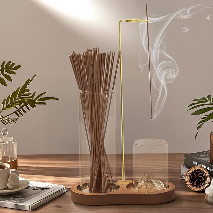 2-in-1 Glass Incense Holder for Sticks, Wooden Incense Burner with Ash Catcher & Incense Storage, Anti-Ash Flying Incense Stick Holder for Meditation, Yoga, Spa, and Home Decor(Natural Wood) - Bloomnest