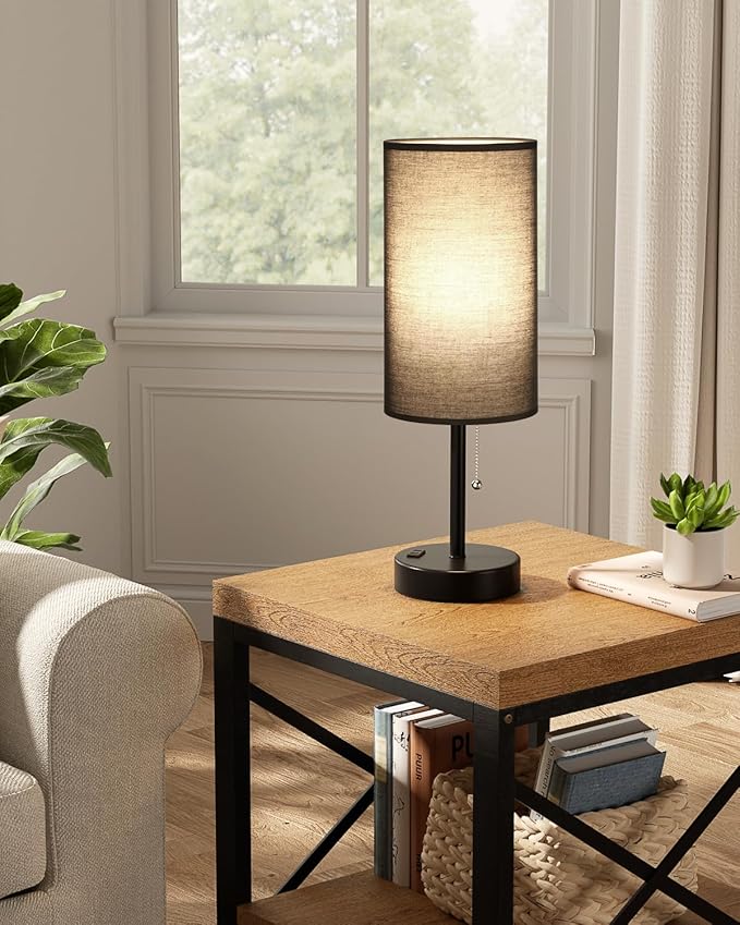 Fenmzee Large Black Bedside Lamps Set of 2-3 Color Temperatures Pull Chain Lamp with AC Outlet Charging Port, Two Round Night Stand Lamps for Bedroom Guest Room Office, Bed Side Light - Bloomnest