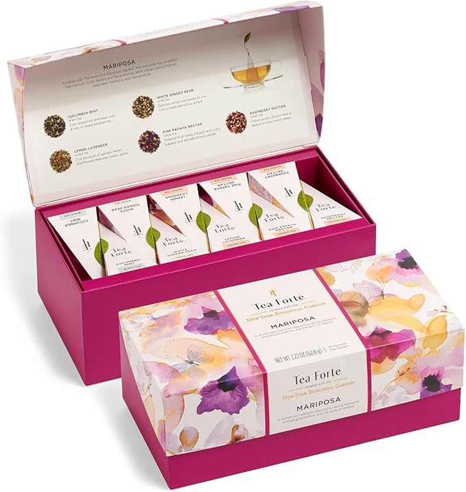 Tea Forte Mariposa Presentation Box Tea Gift Sampler, 20 Count, 2 of Each Variety Individually Wrapped Handcrafted Pyramid Infuser Bags - Bloomnest