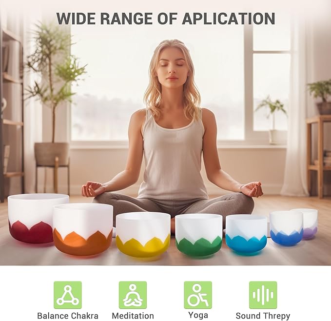 432Hz 6-12 Inch Set of 7 Lotus Quartz Crystal Singing Bowls with Gradient Colored Design, 2 Travel Carry Case Bags and Resonance Striker for Meditation and Sound Therapy - Bloomnest