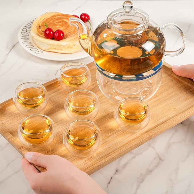 Glass Teapot Set, 27OZ/800ML Stovetop Safe Glass Tea Kettle with 6 Small Double Wall Tea Cups & Loose Tea Infuser & Tea Warmer, Microwave & Dishwasher Safe Tea Maker, Blooming Tea Gift Set - Bloomnest