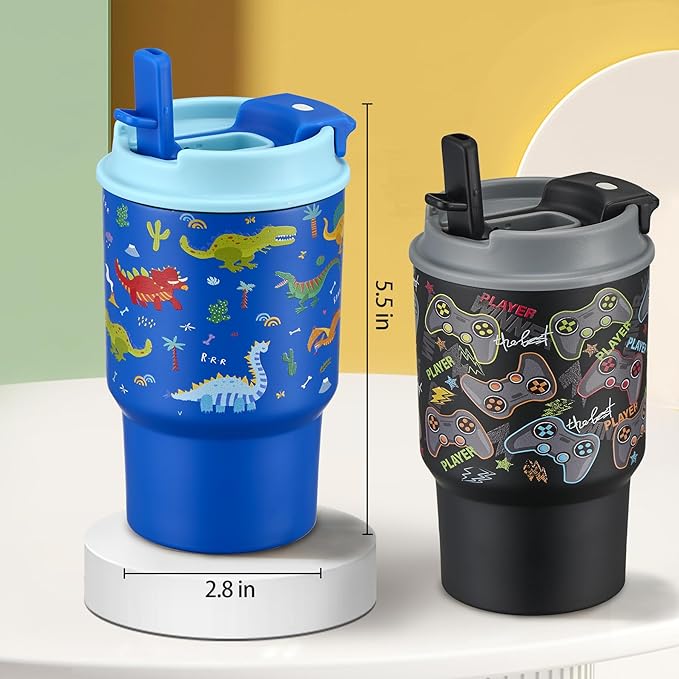 13.5oz Kids Insulated Tumbler with Lid and Straw, BPA-Free Stainless Steel Kids Water Bottle, Leak-Proof& Cupholder Friendly Tumbler for Boys & Girls -2 Pack(Dinasour+Game) - Bloomnest
