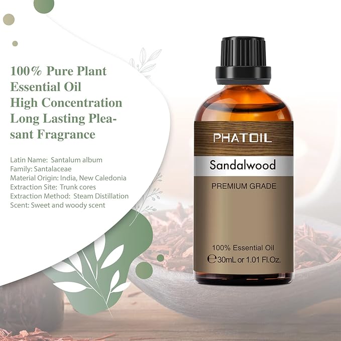 Sandalwood Essential Oil, 1.01Fl.Oz (30ML) PHATOIL Pure Essential Oil Singles for Aromatherapy Diffusers, Humidifiers, Great for DIY Candle and Soap Making, Gift for Friend - Bloomnest