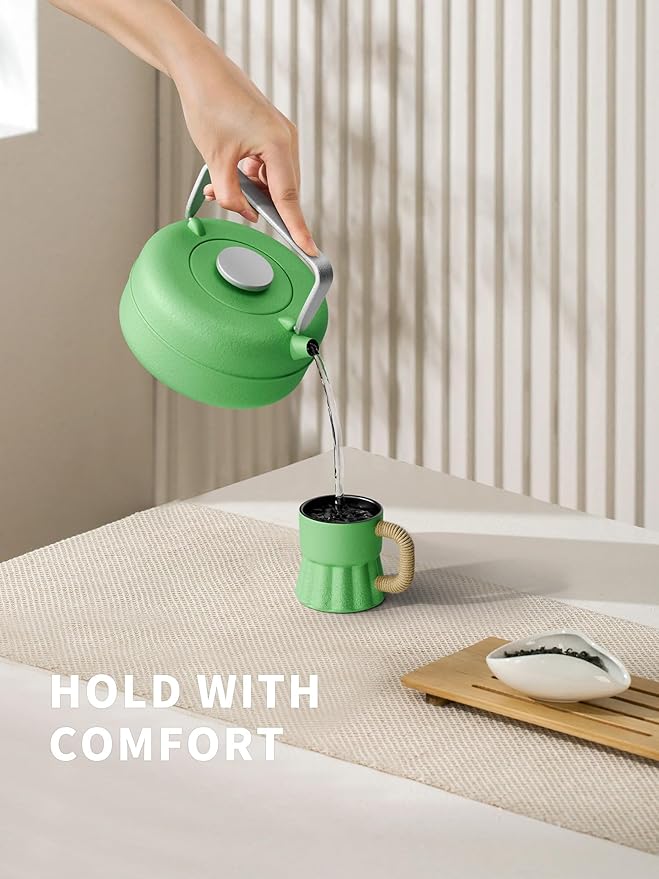 Toptier Teapot with Removable Infuser, Cast Iron Tea Kettle Stovetop Safe, Solid Geometry Cylinder Design Tea Pot Coated with Enameled Interior for 27 Ounce (800 ml), Emerald Green - Bloomnest