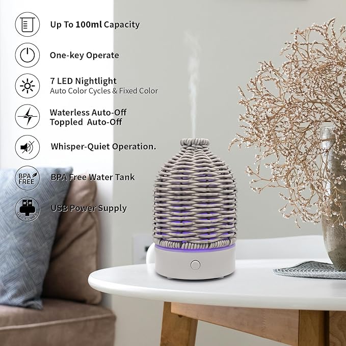 Essential Oil Diffuser - Multifunction Aromatherapy Diffuser 7 LED Color Changing Light 100ML Rattan Diffuser Easy to Clean Suitable for Home,Office (Grey) - Bloomnest