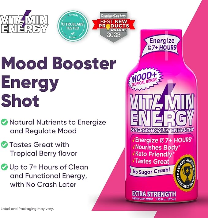 Vitamin Energy Mood+ Extra Strength Energy Shot Tropical Berry 12 Pack, 260mg Natural Caffeine, B-Vitamins, Rhodiola, Chamomile, Mood & Energy Support, Zero Sugar, Gluten-Free, Vegan, 1.93 fl oz - Bloomnest