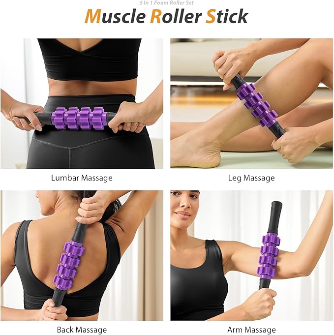5 in 1 Foam Roller Set - Trigger Point Foam Back Roller, Muscle Roller Stick, Massage Ball, Stretching Band for Deep Muscle Massage Pilates Yoga,Fitness Exercise for Whole Body Release (Purple) - Bloomnest