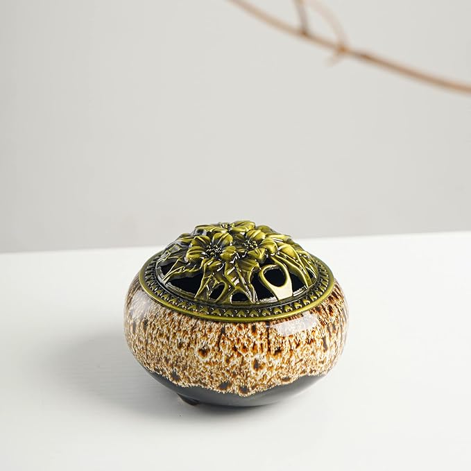 Incense Burner with Calabash Incense Stick Holder - Porcelain Charcoal Censer for Use with Resin Granular Powder Cone or Coil Incense (New Fambe Gray) - Bloomnest