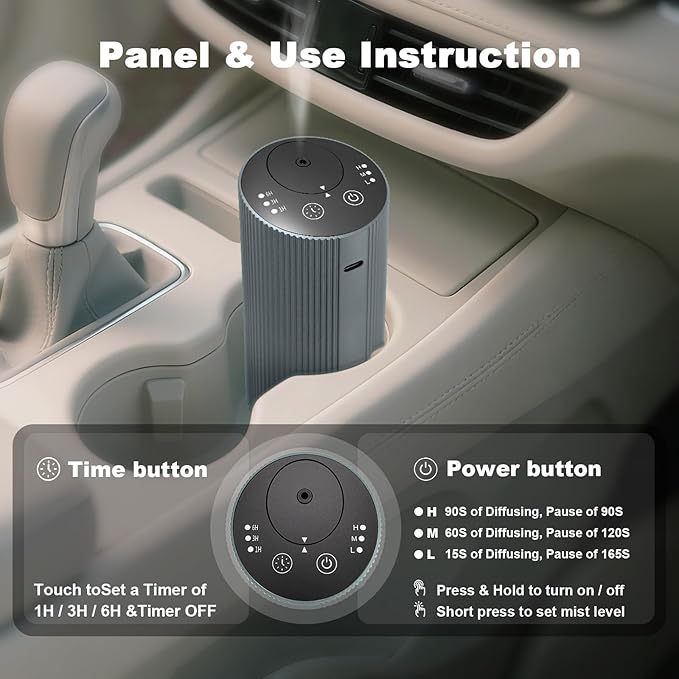 Waterless Essential Oil Diffuser for Home Car Office, Scent Diffuser with 4 Timer (1/3/6H & Off) & 3 Mist(L/M/H), Rechargeable Aromatherapy Diffuser, Portable Mini Air Aroma Diffuser, Silver Grey - Bloomnest