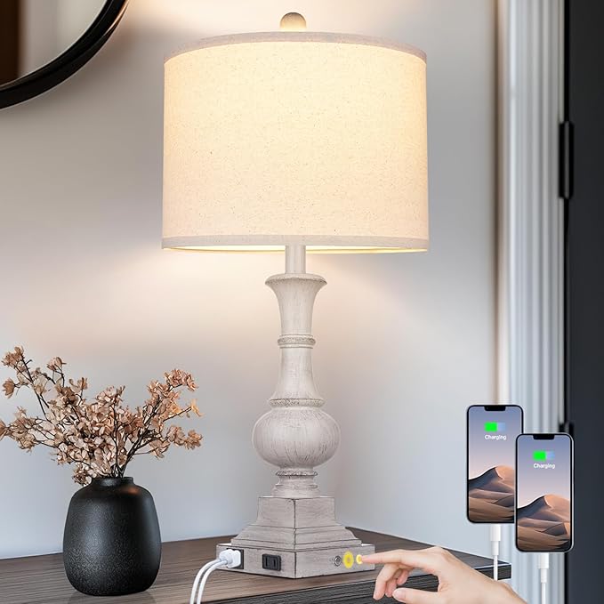 26" Farmhouse Lamp with 2 USB Ports & AC Outlet, Vintage Rustic Touch Control Bedside Lamp, Resin 3-Way Dimmable Nightstand Lamp Fabric Shade for Living Room Bedroom Decor Gray(LED Bulb Included) - Bloomnest