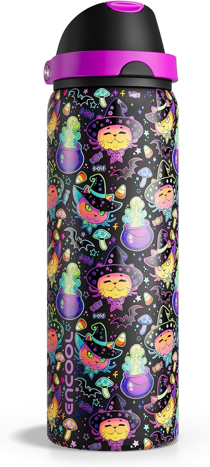 Insulated Water Bottle with Straw - Encool Stainless Steel Water Bottle with Push Button Lid, Leak-Proof & BPA-Free, Keeps Cold for 24 Hours for Sports, Travel, Gym (32 oz, Meowgic Night) ENCOOL