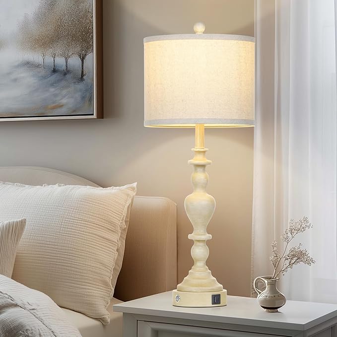 27" Vintage Farmhouse Table Lamps for Living Room Set of 2, Rustic Nightstand Lamps with USB C+A Ports, 3-Way Dimmable Retro Bedside Lamps for Bedroom Office 2 LED Bulbs Included Washed Antique Beige - Bloomnest