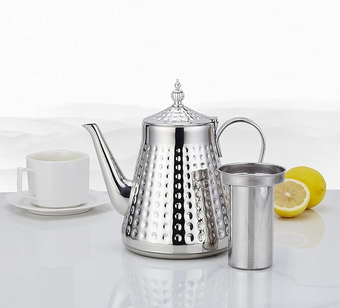 SANQIAHOME 1.6L(54oz) Stainless Steel Hammer Patterned Teapot With Removeable Infuser,Loose leaf cover,Silver - Bloomnest
