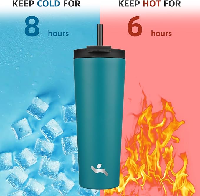 26 OZ Insulated Tumbler with Lid and 2 Straws Stainless Steel Water Bottle Vacuum Travel Mug Coffee Cup,Blue - Bloomnest