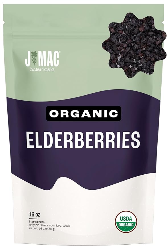 J Mac Botanicals Certified USDA - 100% Organic Dried Elderberries - 1lb Bulk - Non-Irradiated, Non-GMO, Whole Black Elderberry Immune Support - Raw Vegan Sambucus 1 Pound - Bloomnest